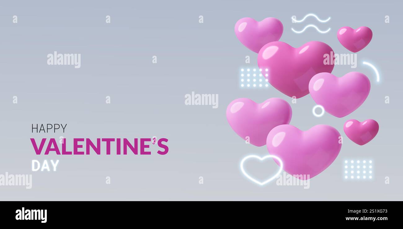 Abstraktes Banner zum Happy Valentines Day mit pinkfarbenen 3D-Herzen und geometrischen Formen in Neonleuchten Stock Vektor