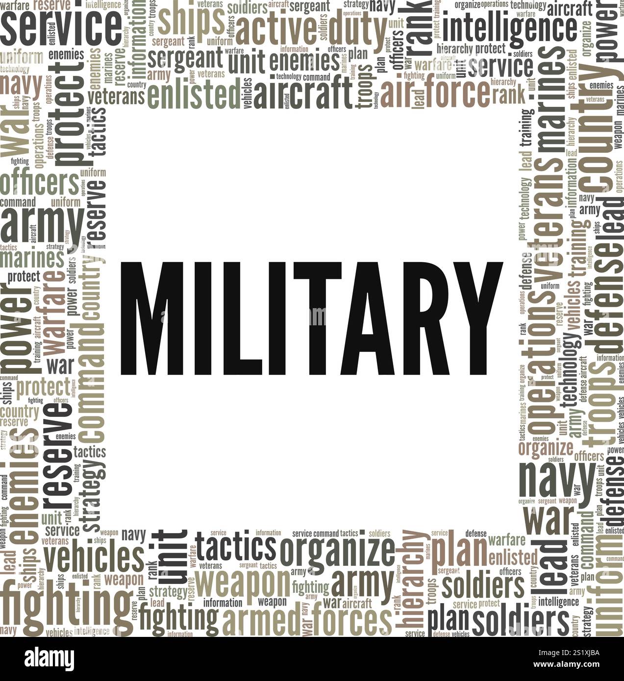 Militärisches Wortwolke-Konzept isoliert auf weißem Hintergrund. Stock Vektor