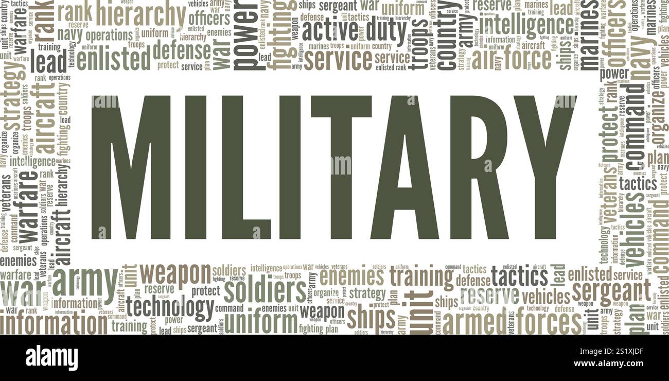 Militärisches Wortwolke-Konzept isoliert auf weißem Hintergrund. Stock Vektor
