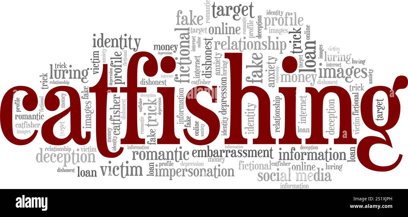 Catfishing Wortwolke Konzeptdesign isoliert auf weißem Hintergrund. Stock Vektor