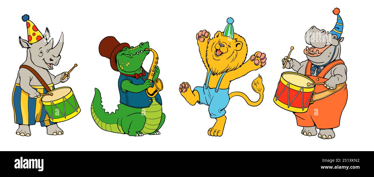 Lustige Tiere feiern Geburtstag. Vorlagen für Kindergeburtstage und zum Färben. Stockfoto