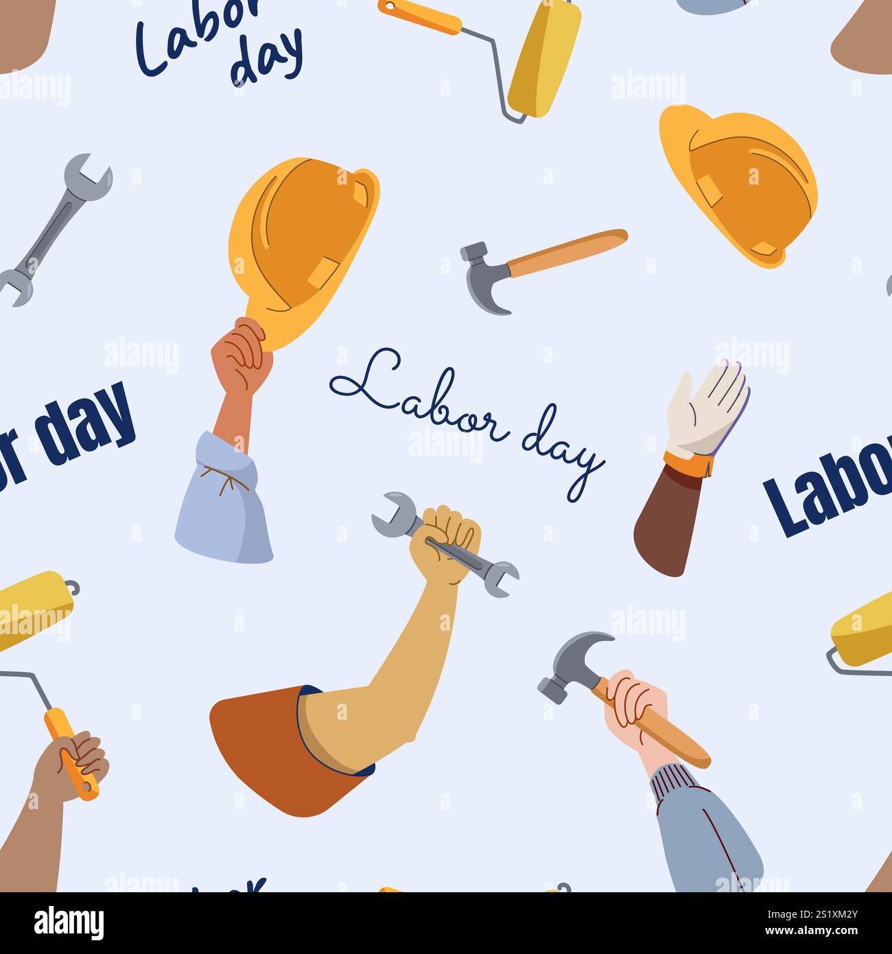 Arbeitstag nahtloses Muster verschiedene Arbeiter Hände halten Arbeitsgeräte moderner flacher Stil mit Text Stock Vektor