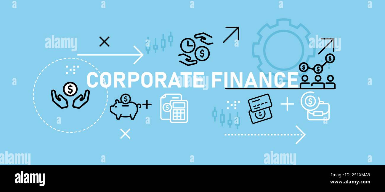 Corporate Finance Design mit Business Risk Budget Analyse Asset Management Financial Reporting Kostenplanung durch Symbolumriss dargestellt Stock Vektor