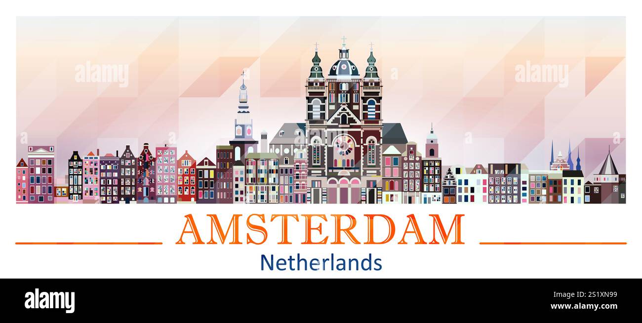 Die Skyline von Amsterdam in heller Farbpalette ist eine Vektordarstellung Stockfoto