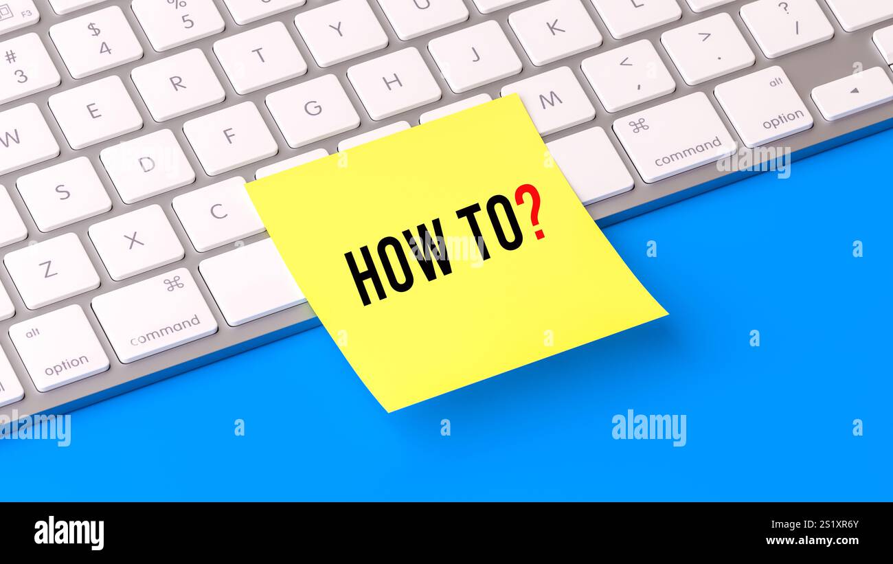 Text auf Haftnotizen, Hintergrund der Computertastatur, Webbanner, digitale Tutorials, Problemlösung, praktische Tipps, Innovation, Lernen. Stockfoto