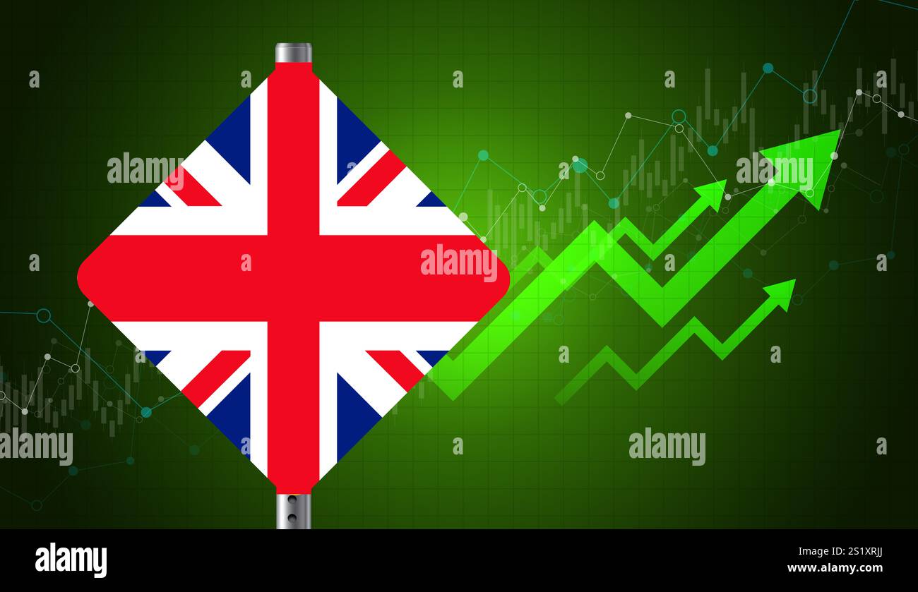 Britische Flagge, Verkehrsschild und Geschäftsdiagramm für die britische Wirtschaft, Finanzwachstum, Markttrends, wirtschaftliche Stabilität, Investitionsstrategien, 3D-Rendering Stockfoto