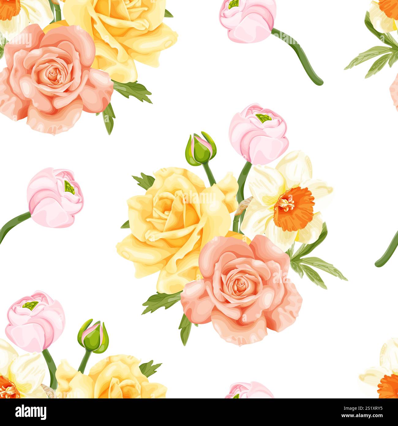 Ein florales nahtloses Vektormuster im Frühling mit gelben Rosen, Pfirsichrosen, Narzissen und rosa Knospen auf weißem Hintergrund. Stock Vektor