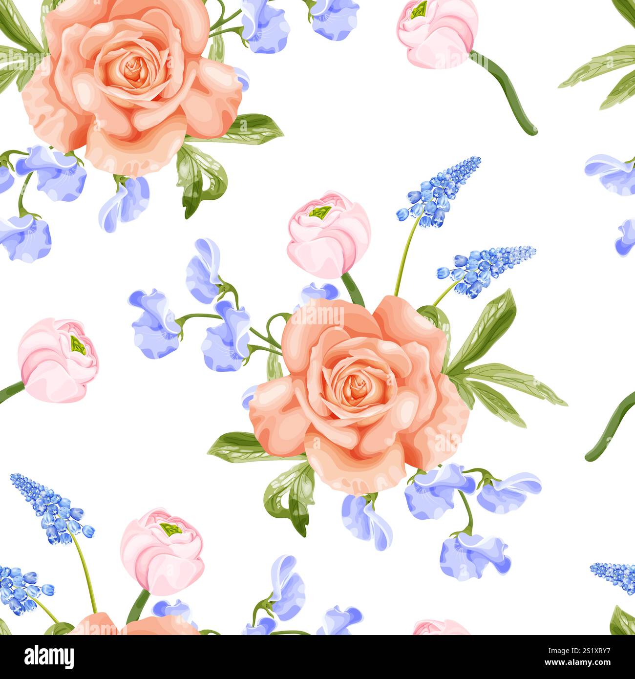 Elegantes Frühlings-Blumenvektormuster mit Pfirsichrosen, blauem Muscari und wilden Erbsenblüten auf weißem Hintergrund. Stock Vektor
