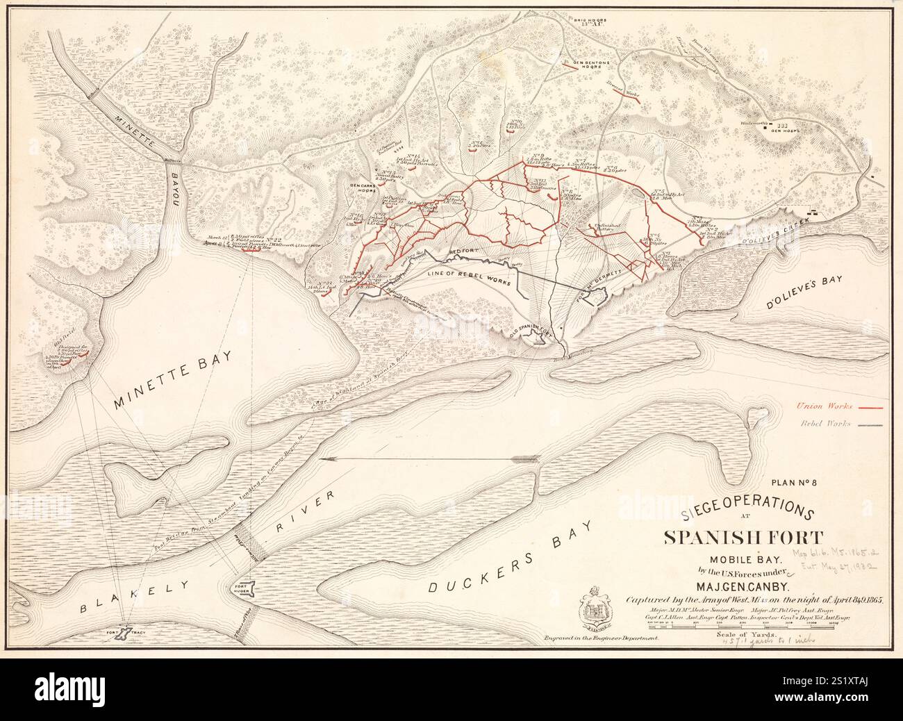 Belagerungsoperationen in Spanish Fort, Mobile Bay : durch die US-Streitkräfte unter Generalmajor Canby. Gefangen genommen von der Army of West Misses in der Nacht vom 8. Auf den 9. April 1865 Stockfoto