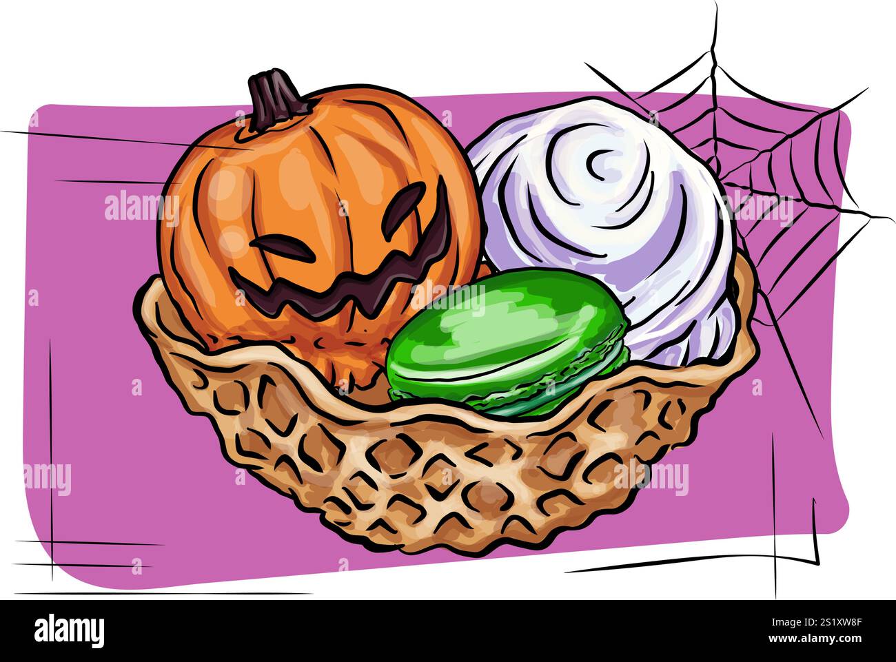 Horizontales Bannerdesign mit Kürbisgewürz von Speisen und Getränken Vektor. Herbst saisonales Cartoon Illustration Café, Halloween Witch Club SVG Sublimatio Stock Vektor