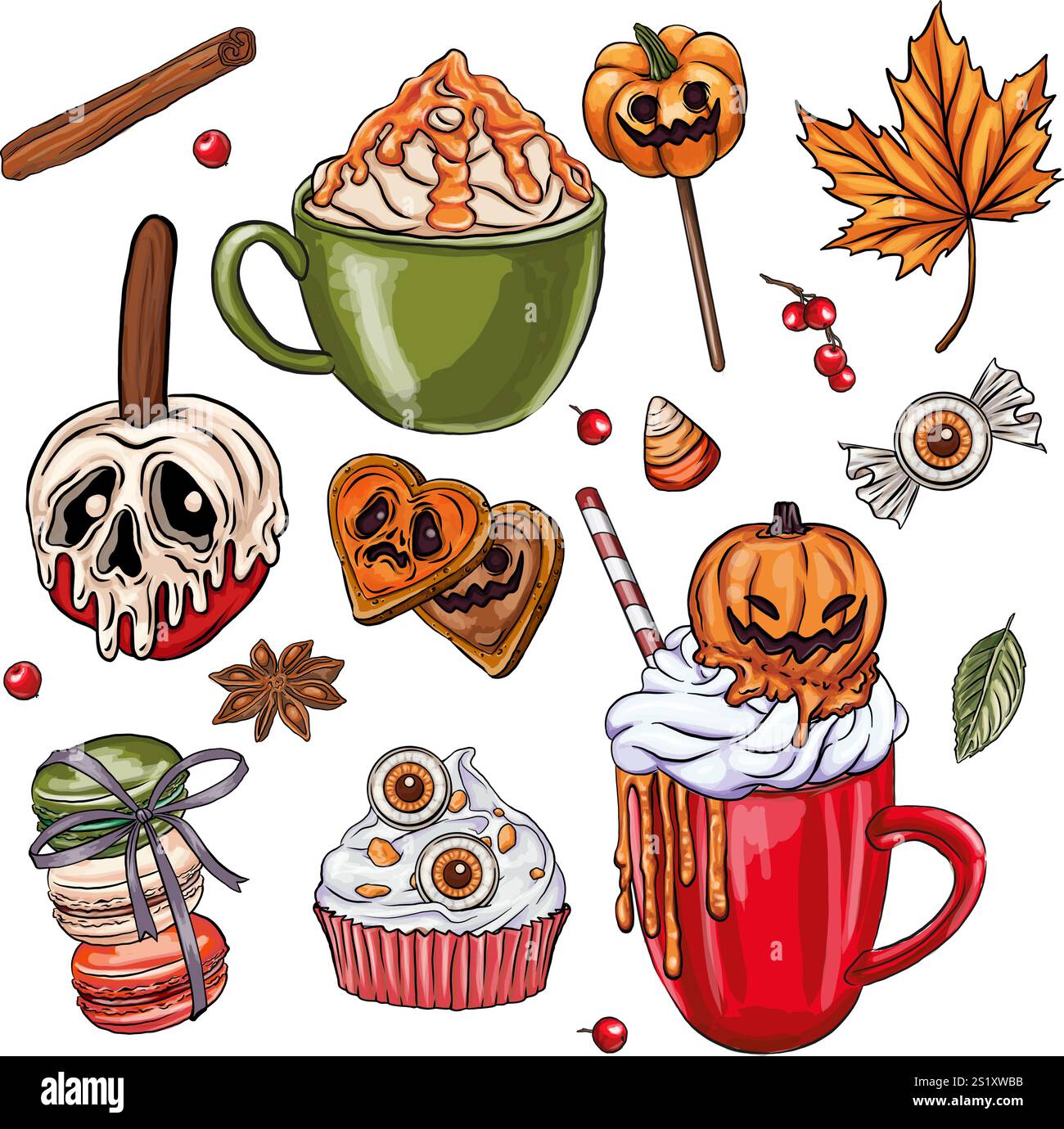 Coffee Flat halloween Candy Elements Kollektion, Set aus niedlichen und gruseligen halloween Bechern. Vektorabbildung. Halloween Witch Club SVG Sublimation T shi Stock Vektor
