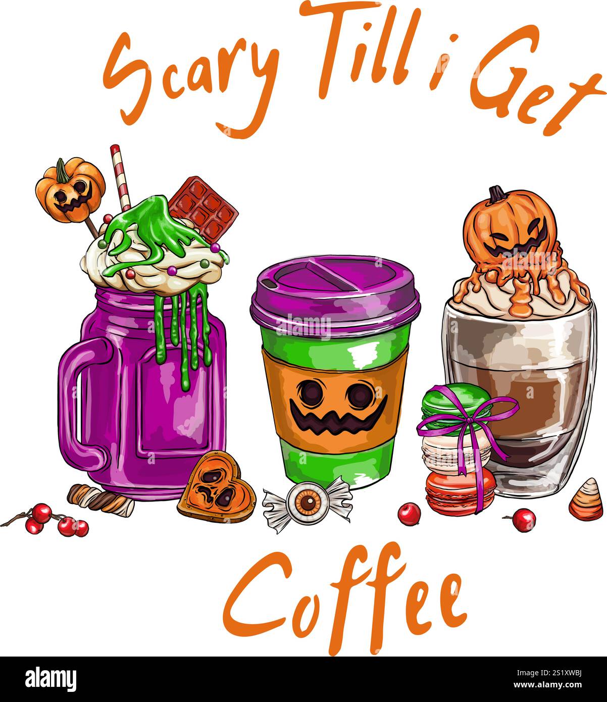 Coffee Flat halloween Candy Elements Kollektion, Set aus niedlichen und gruseligen halloween Bechern. Vektorabbildung. Halloween Witch Club SVG Sublimation T shi Stock Vektor