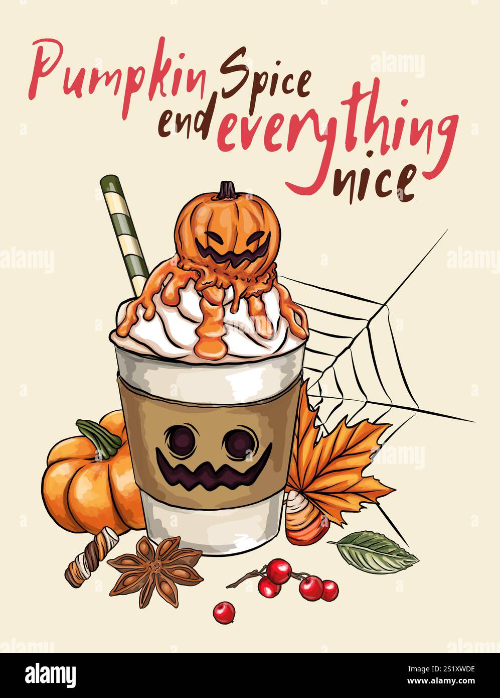 Horizontales Bannerdesign mit Kürbisgewürz von Speisen und Getränken Vektor. Herbst saisonales Cartoon Illustration Café, Halloween Witch Club SVG Sublimatio Stock Vektor