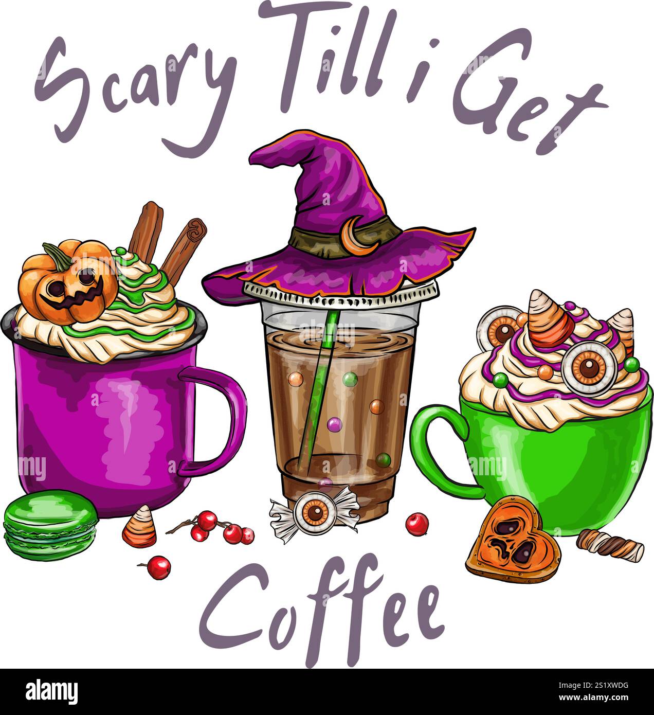 Coffee Flat halloween Candy Elements Kollektion, Set aus niedlichen und gruseligen halloween Bechern. Vektorabbildung. Halloween Witch Club SVG Sublimation T shi Stock Vektor