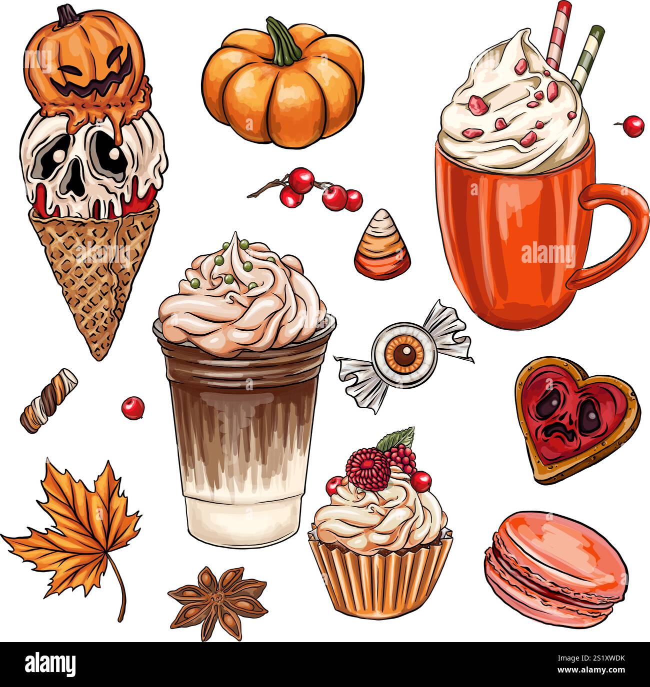 Coffee Flat halloween Candy Elements Kollektion, Set aus niedlichen und gruseligen halloween Bechern. Vektorabbildung. Halloween Witch Club SVG Sublimation T shi Stock Vektor