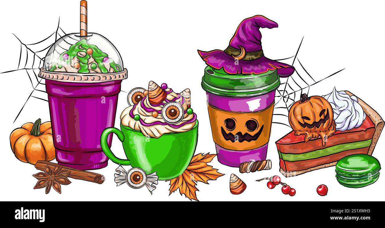 Horizontales Bannerdesign mit Kürbisgewürz von Speisen und Getränken Vektor. Herbst saisonale Cartoon Illustration Café, Bäckerei Menü Elemente: Kürbiskuchen s Stock Vektor