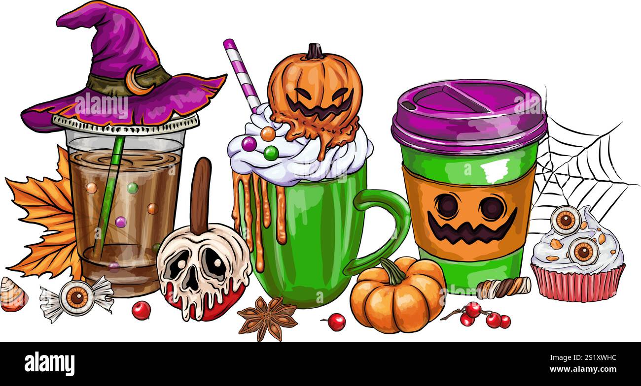 Coffee Flat halloween Candy Elements Kollektion, Set aus niedlichen und gruseligen halloween Bechern. Vektorabbildung. Halloween Witch Club SVG Sublimation T shi Stock Vektor