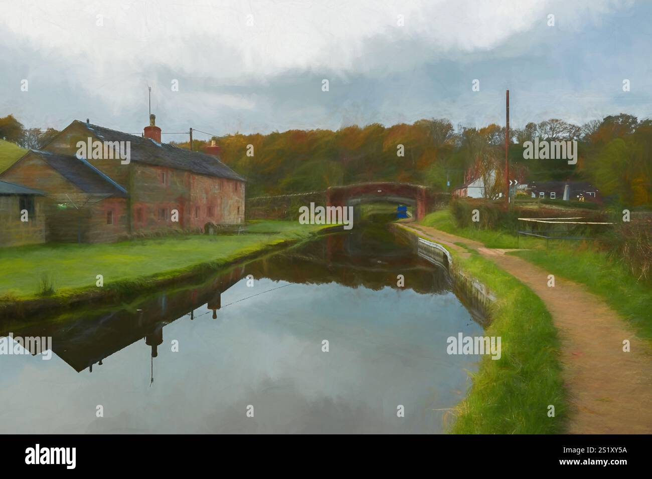 Digitales Ölgemälde im Herbst von Brücke 38 auf dem Caldon-Kanal im Binnenwasserweg, Denford, England, Großbritannien. Stockfoto