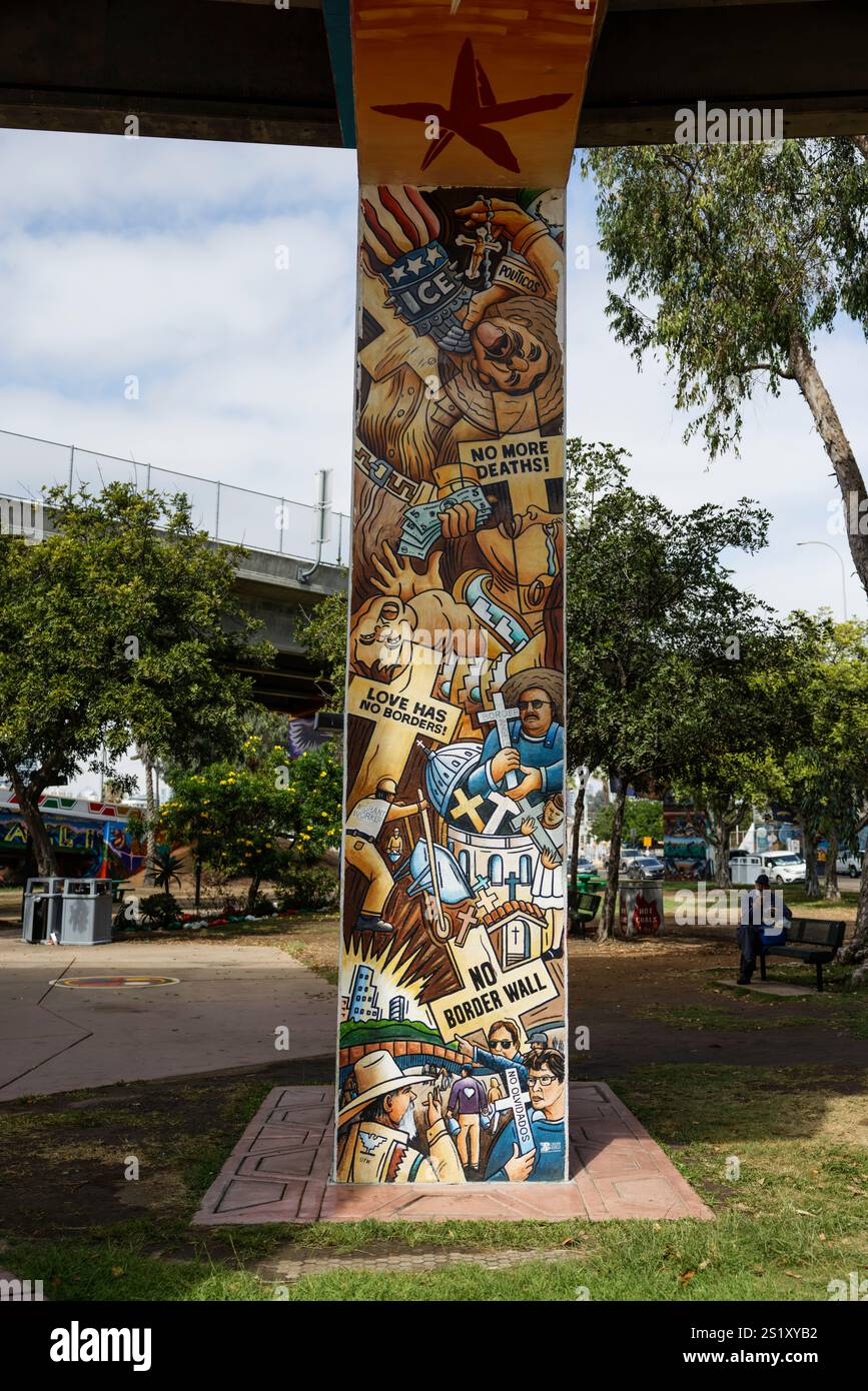 Wandgemälde oder Street Art im Chicano Park, Barrio Logan, San Diego, Kalifornien, USA – ein nationales historisches Wahrzeichen Stockfoto