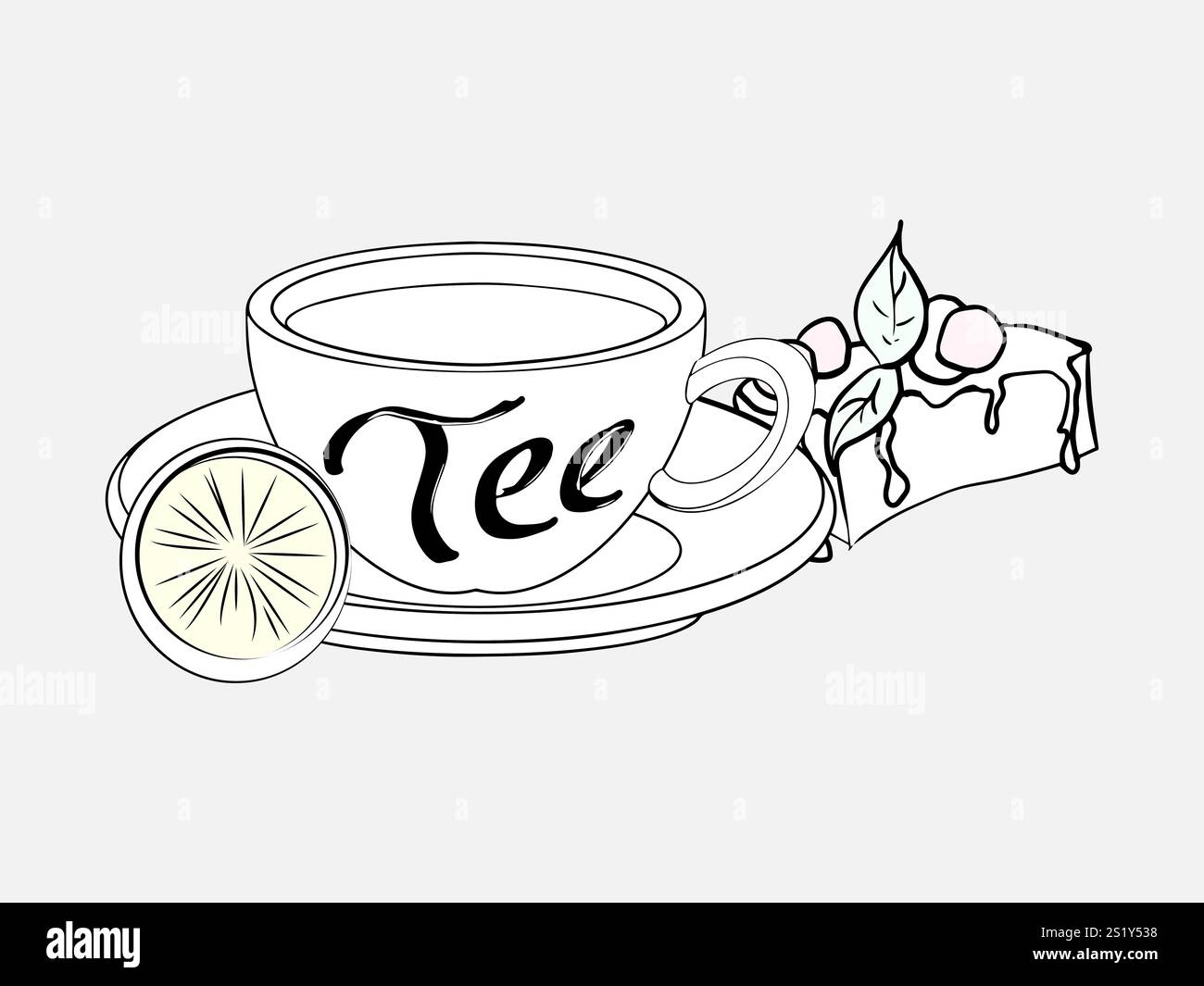 Eine Tasse Tee mit Kuchen und Zitrone. Stock Vektor