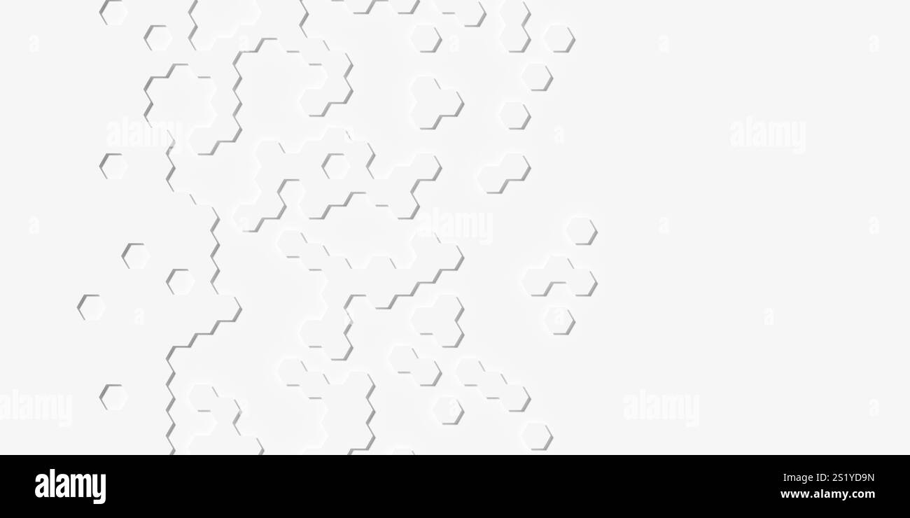 Moderne minimalweiße Ausblendung zufällige Wabensechskant geometrische Muster Hintergrundschablone flache Lage Draufsicht von oben, 3D-Illustration Stockfoto