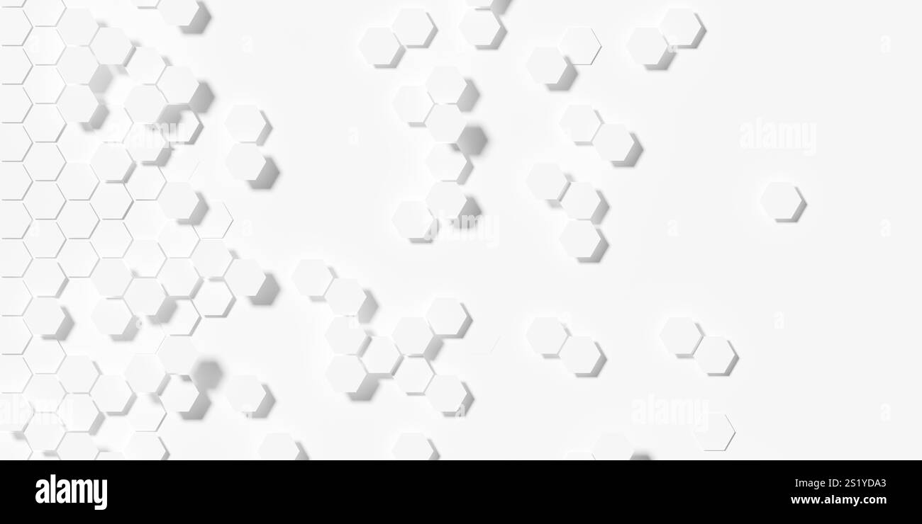 Modernes minimales weißes Ausblenden zufällig verschobener kleiner Wabensechskant geometrisches Muster Hintergrundschablone flache Lay Draufsicht von oben, 3D-Beleuchtung Stockfoto