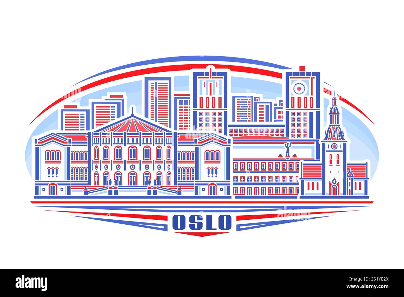 Vektor-Illustration von Oslo, horizontales Schild mit linearem Design berühmte städtische oslo Stadtlandschaft auf Tageshimmel Hintergrund, europäische städtische Linie Kunst Konzept wi Stock Vektor