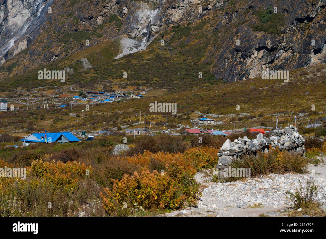 Langtang Dorf - 16. Oktober 2024 : Sonnenaufgang am frühen Morgen im Dorf Langtang und Trail nach Kyangji Gompa mit Langtang Lirung Berg und Gangchenpo Stockfoto