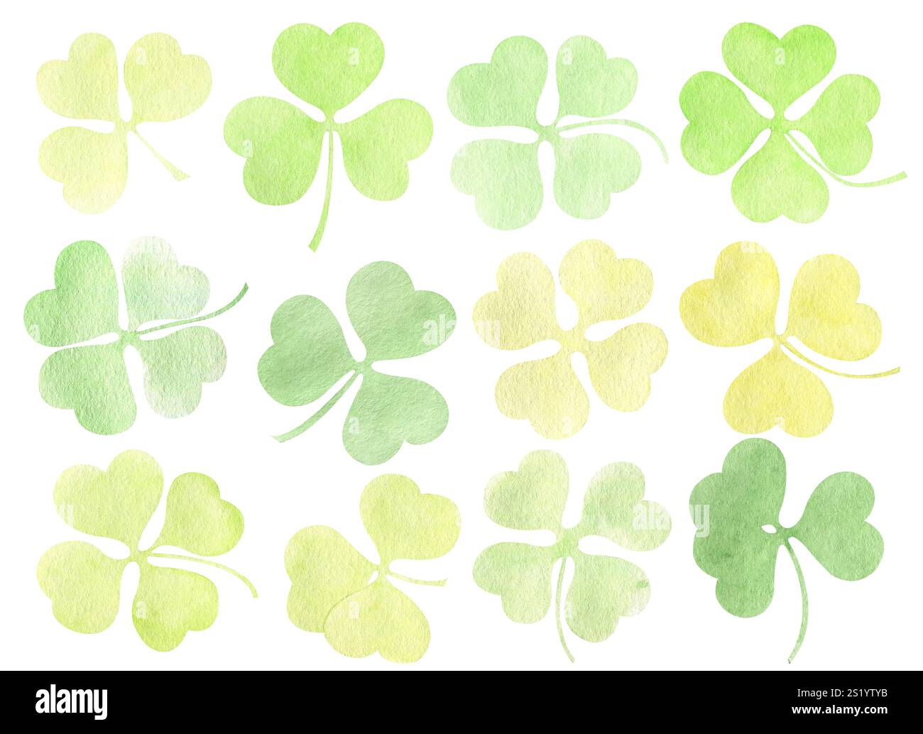 St. patrick's Day Klee in Aquarellfarben auf weißem Hintergrund. Irisches Weihnachtsschamrock-Bundle für Dekorationen. Vierblättriges Kleeblatt, dreiblättriges Blatt Stockfoto