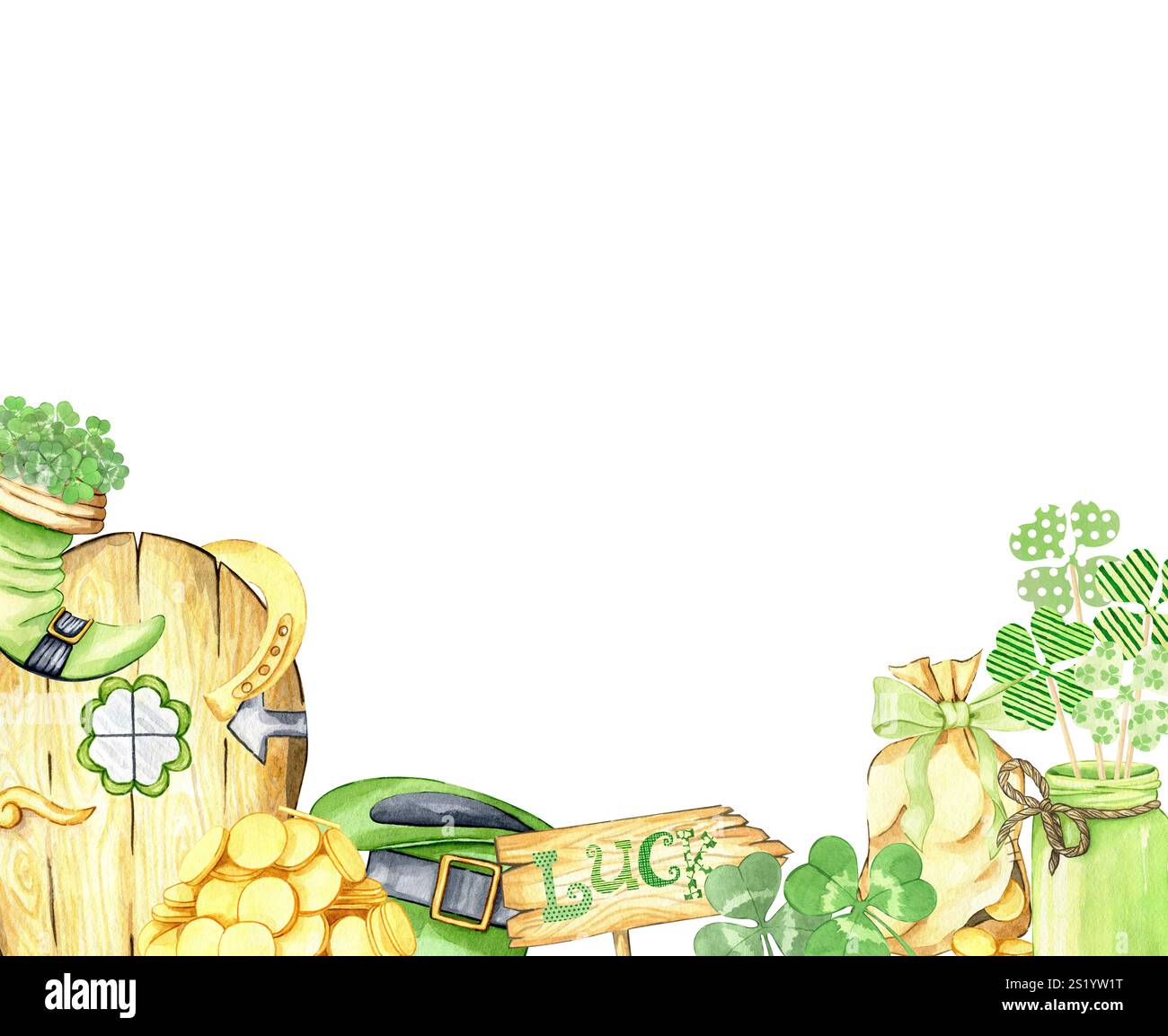 Aquarellstil St. Patrick's Day Frame mit Leprechaun's Schuh, Hufeisen, Kleeblatt, grüner Hut auf weißem Hintergrund. Handgezeichnete Abbildung. Irischer Urlaub Stockfoto