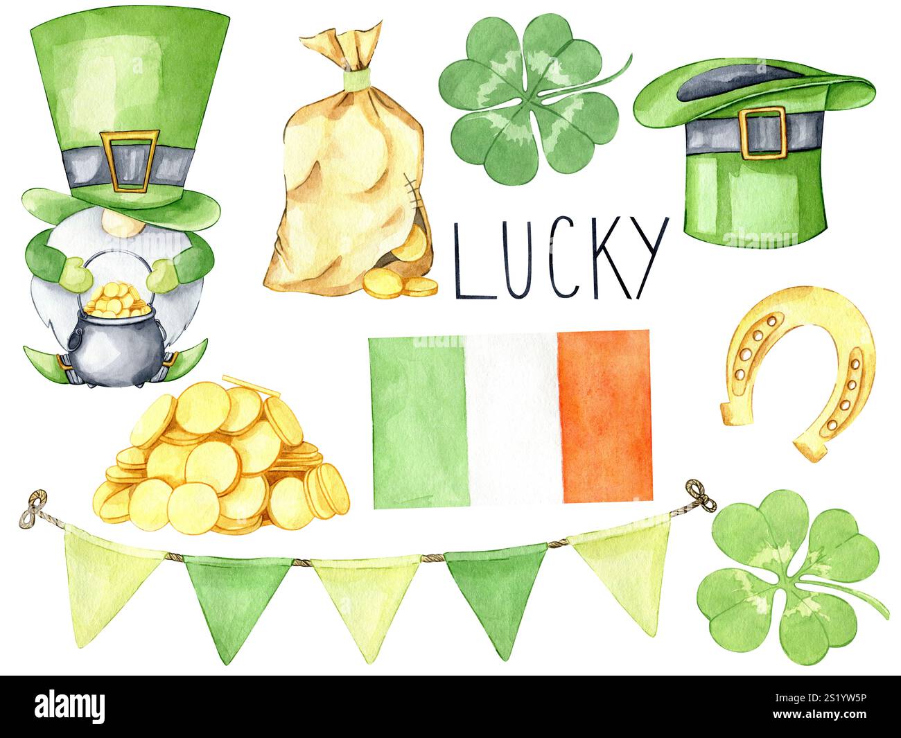 St. Patrick's Day Clipart Set mit Gnoe, Klee, Kleeblatt, Hut, Hufeisen, Flaggengirlande, goldene Münzen isoliert auf weißem Hintergrund. Aquarellfarben irisch Stockfoto