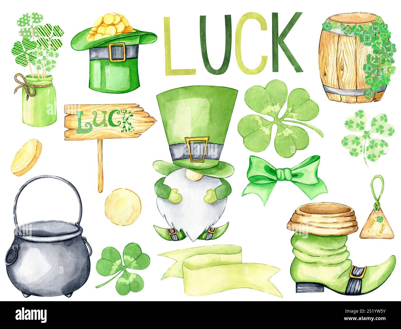 St. Patrick's Day Aquarell Clipart Bundle mit Gnom, Topf mit Gold, Klee, Leprechaun Stiefel, Hut, Goldmünzen, dekoratives Glas isoliert Stockfoto