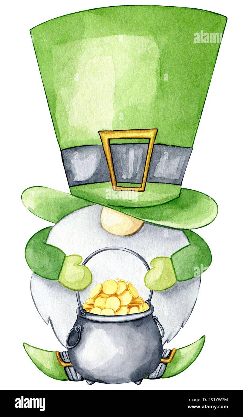 St. patrick's Day GNOME mit Topf aus goldenem Aquarell handgezeichnete Feiertagsillustration. Irische ClipArt. Stockfoto