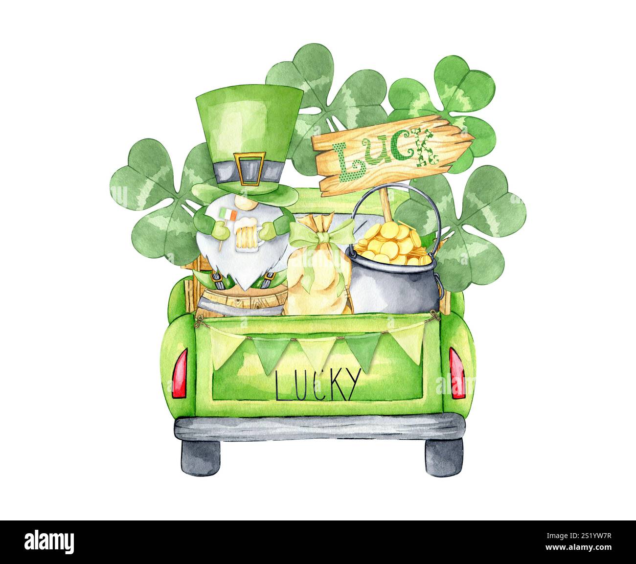 st Patrick's Day Truck Aquarellillustration mit Gnom, Topf mit Gold, Klee, Hufeisen. Lustige handgezeichnete Clips für Weihnachtskarten Stockfoto