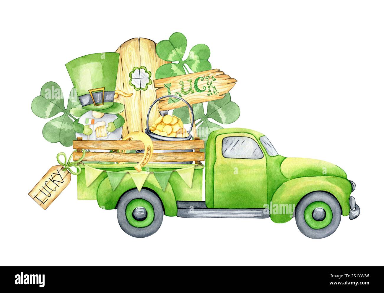 st Patrick's Day Truck Aquarellillustration mit Gnom, Topf mit Gold, Klee, Hufeisen. Lustige handgezeichnete Clips für Weihnachtskarten Stockfoto