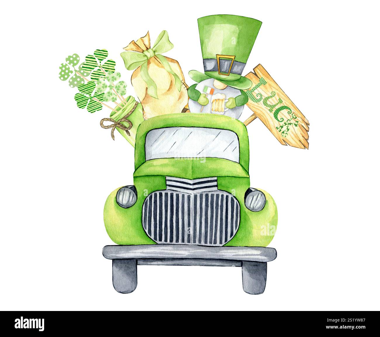 st Patrick's Day Truck Aquarellillustration mit Gnom, Topf mit Gold, Klee, Hufeisen. Lustige handgezeichnete Clips für Weihnachtskarten Stockfoto