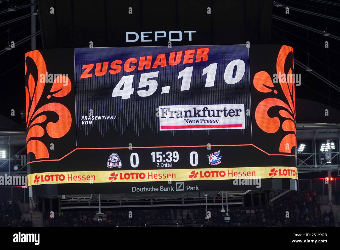 Frankfurt Am Main, Deutschland. Januar 2025. Frankfurt am Main am 04. Januar 2025: Penny DEL Winter Game - Saison 2024 2025 - Löwen Frankfurt - Adler Mannheim v.l., Anzeigetafel 45110 Zuschauer Credit: dpa/Alamy Live News Stockfoto