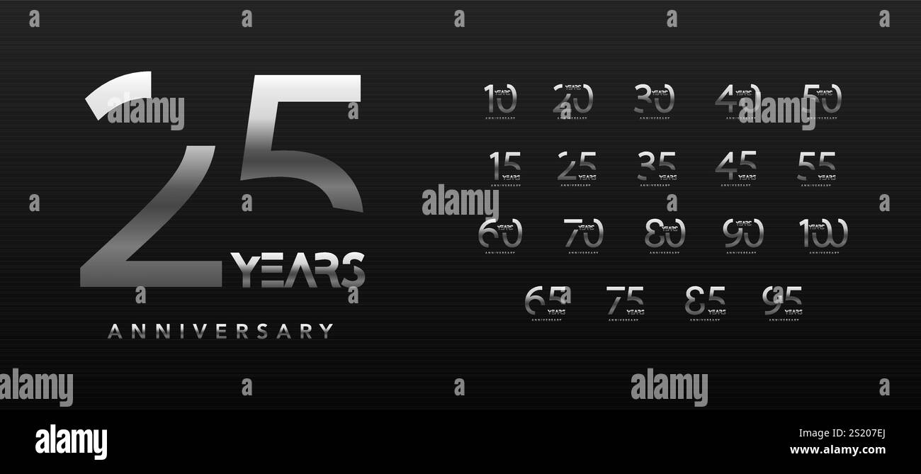 Schlanke Jubiläumsnummern mit metallischem Farbverlauf auf dunklem Hintergrund, die Meilensteine von 10 bis 100 Jahren markieren. Perfekt für Corporate Branding oder Stock Vektor