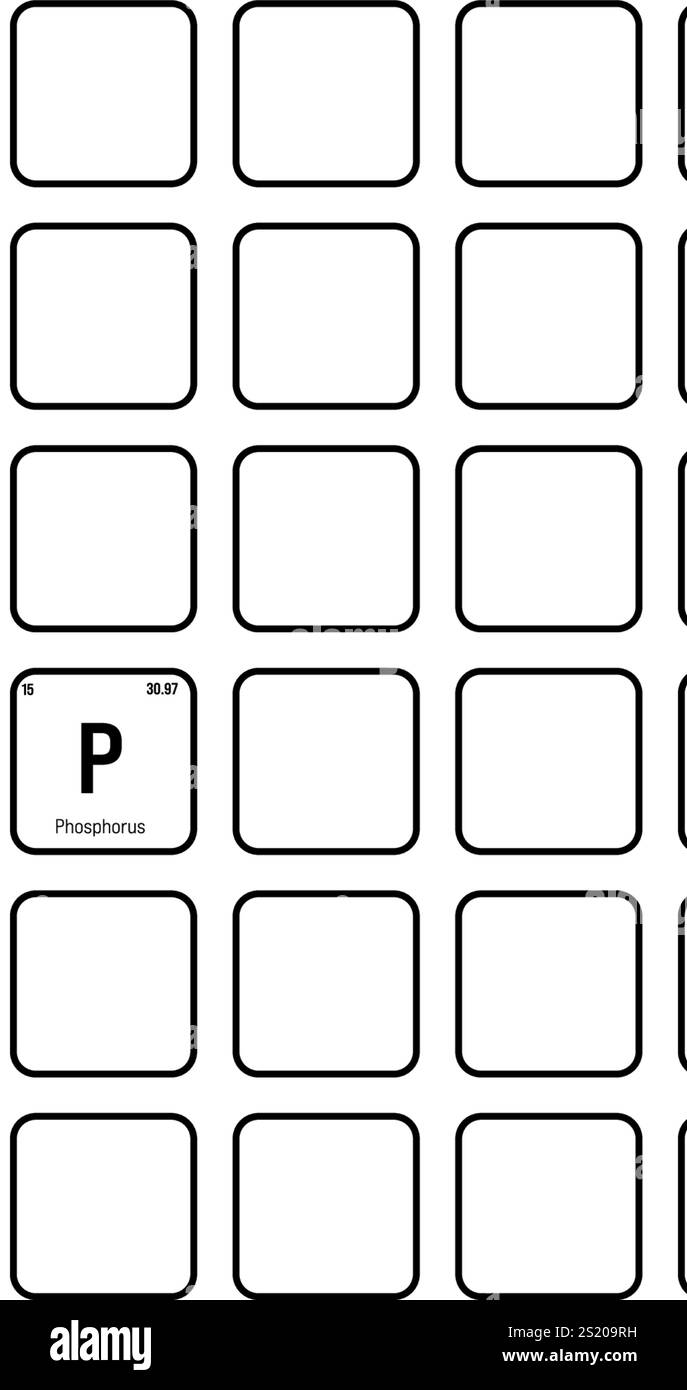 Phosphor, P, Periodenelement mit Name, Symbol, Atomzahl und Gewicht. Nichtmetall mit verschiedenen industriellen Verwendungszwecken, z. B. in Düngemitteln, Detergenzien und als Bestandteil bestimmter Arten von Explosivstoffen. Stock Vektor