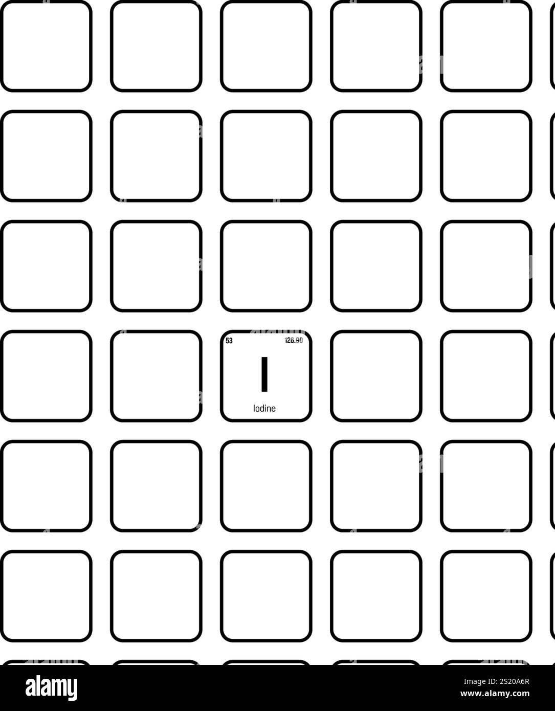 Jod, I, Periodenelement mit Name, Symbol, Atomzahl und Gewicht. Halogen mit verschiedenen industriellen Anwendungen, wie in der Medizin, in der Fotografie und als Desinfektionsmittel. Stock Vektor