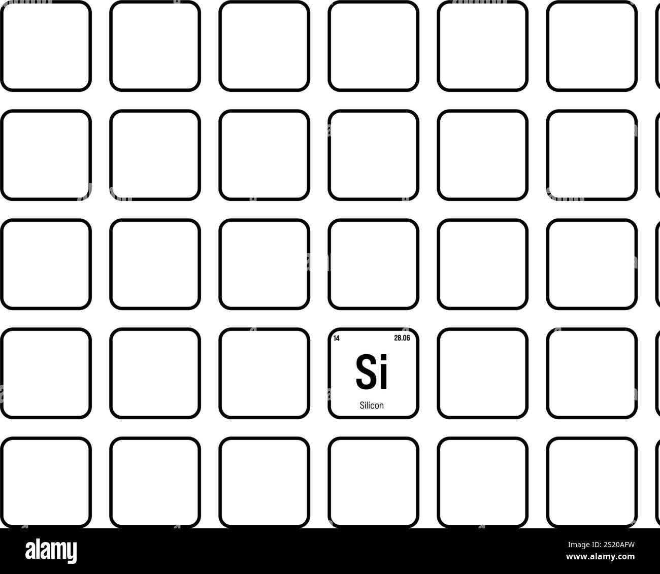 Silikon, Si, Periodenelement mit Name, Symbol, Atomzahl und Gewicht. Nichtmetall mit verschiedenen industriellen Verwendungen, z. B. in der Elektronik, im Bauwesen und als Komponente in bestimmten Glasarten. Stock Vektor