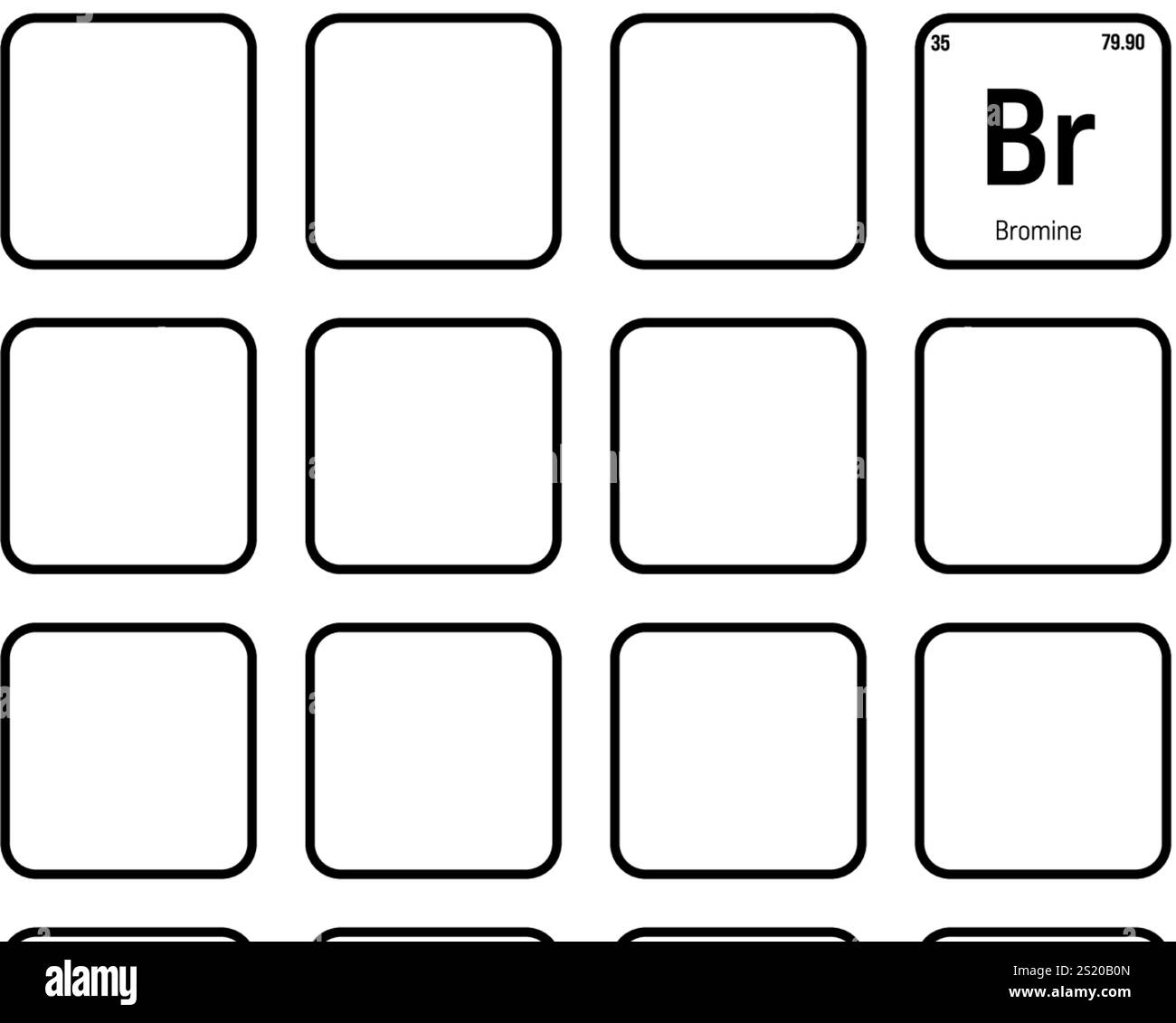Brom, Br, Periodenelement mit Name, Symbol, Atomzahl und Gewicht. Halogen für verschiedene industrielle Anwendungen, z. B. in Flammschutzmitteln, Wasseraufbereitung und als Begasungsmittel in der Landwirtschaft. Stock Vektor