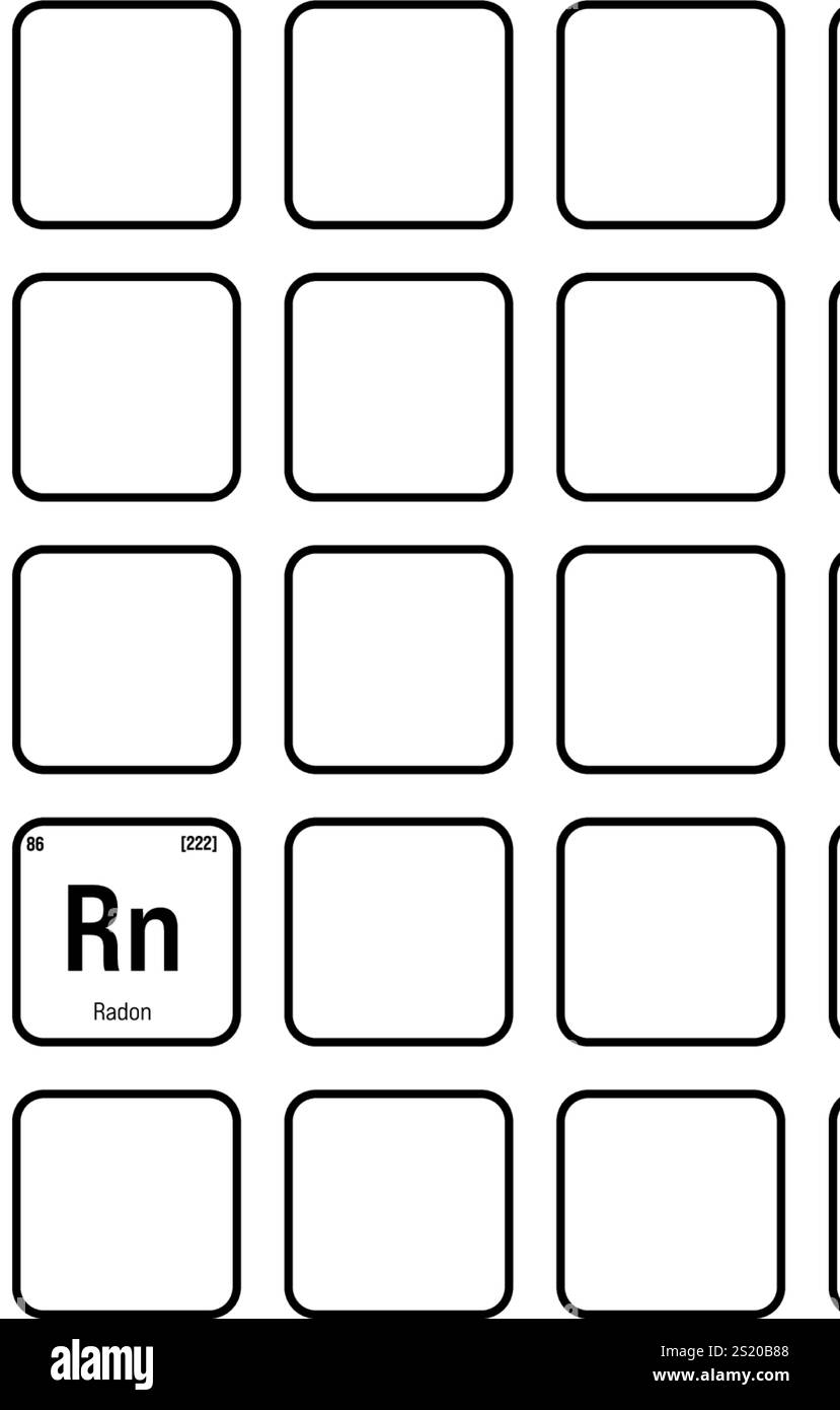 Radon, RN, Periodenelement mit Name, Symbol, Atomzahl und Gewicht. Inertgas mit radioaktiven Eigenschaften, das in der wissenschaftlichen Forschung und als Tracer bei bestimmten Versuchsarten verwendet wird. Stock Vektor