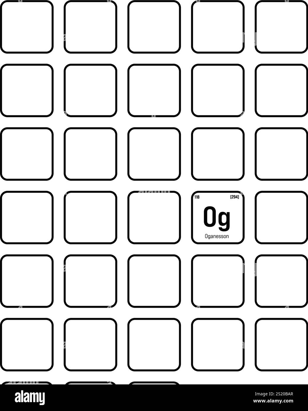 Oganesson, Og, Periodenelement mit Name, Symbol, Atomzahl und Gewichtung. Synthetisches Element mit sehr kurzer Halbwertszeit, das durch nukleare Reaktionen in einem Labor erzeugt wird. Seine Eigenschaften sind aufgrund seiner Instabilität nicht gut bekannt. Stock Vektor