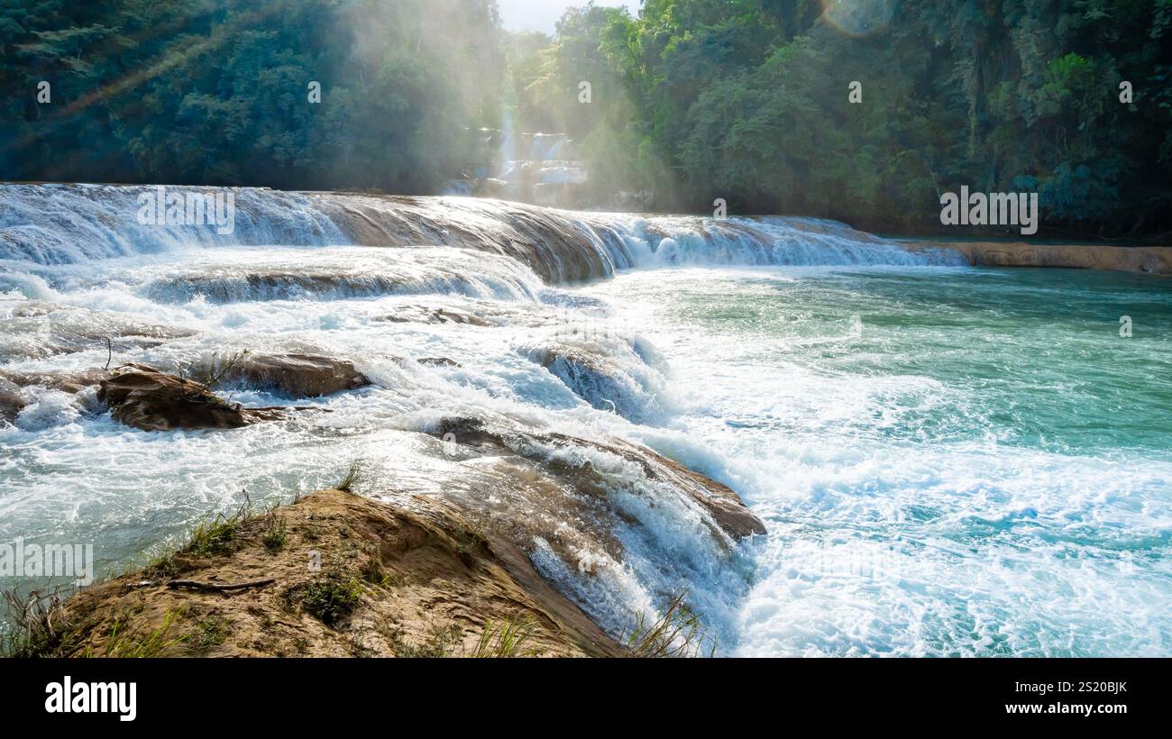 Landesape von Agua Azul mit Wasserfällen im tropischen Wald von Palenque in Mexiko. Stockfoto