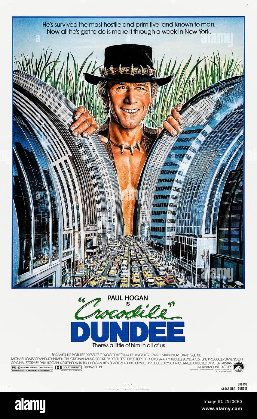 Krokodil Dundee (1986) unter der Regie von Peter Faiman mit Paul Hogan, Linda Kozlowski und John Meillon. Ein australischer Buschmann, der für seine Fähigkeiten zur Krokodiljagd berühmt ist, macht sich vom Outback aus auf die Reise durch den urbanen Dschungel von New York City. Foto eines Original-Posters aus dem Jahr 1986 (USA) ***NUR FÜR REDAKTIONELLE ZWECKE***. Quelle: BFA / Paramount Pictures Stockfoto
