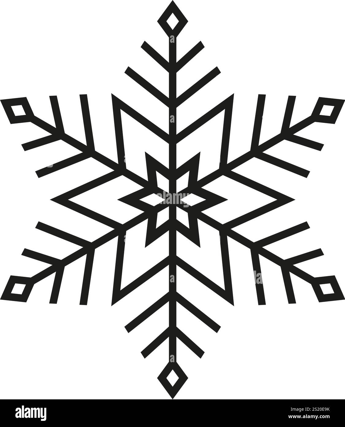Schneeflocken-Symbol. Schwarze Schneeflocke isoliert auf weißem Hintergrund. Kalter Schnee. Kontur Silhouette gefrorener Kristall. Flake für Design-Winterdruck. Süßer Stern Stock Vektor