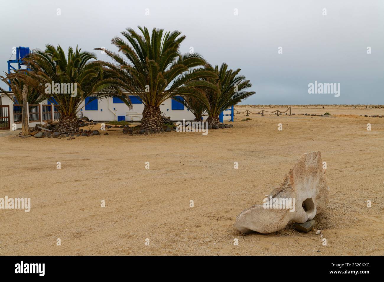 Haus und Walknochen in Wlotzkasbaken, einer Siedlung an der Atlantikküste südlich der Henties Bay, Erongo Region, Namibia Stockfoto