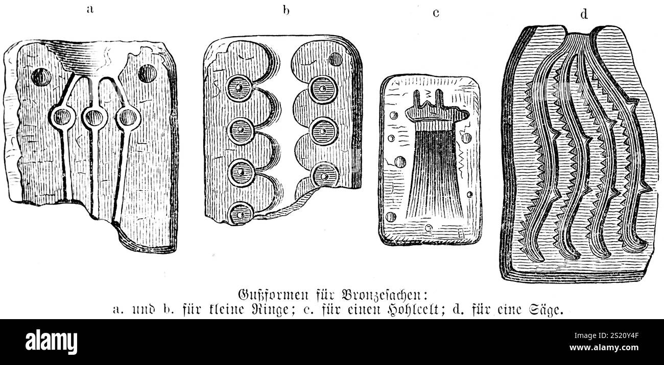 Formen für die Bearbeitung von Bronze, Formen für Ringe und Sägen, Bronzezeit um 2000 bis 800 v. Chr., Schmuck, Archäologie, Anthropologie, Geschichte der Menschheit, Cen Stockfoto