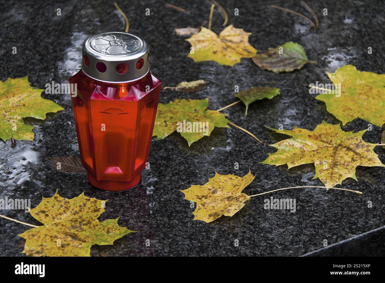 Ein Grablicht zum Allerheiligen im Herbst mit Blättern Österreichs Stockfoto